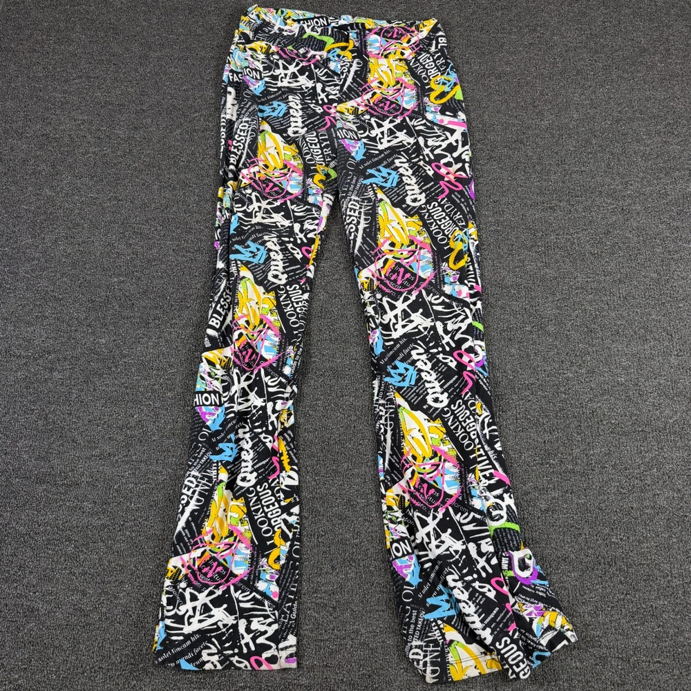 Feathers Graffiti Newsprint Flare Leggings Womens Large Black Neon Streetwear